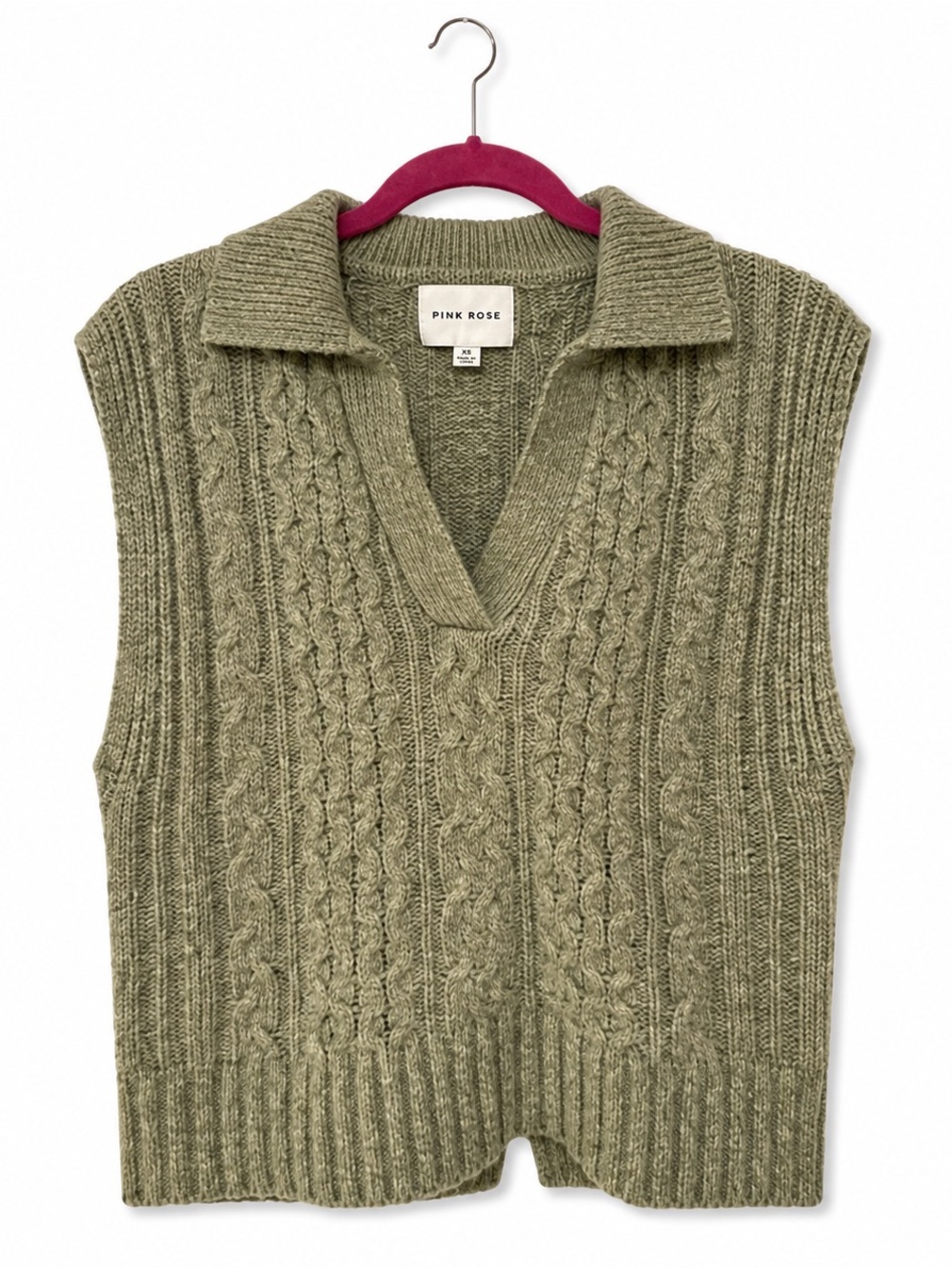 Pink Rose Olive Cable-Knit V-Neck Sweater Vest
